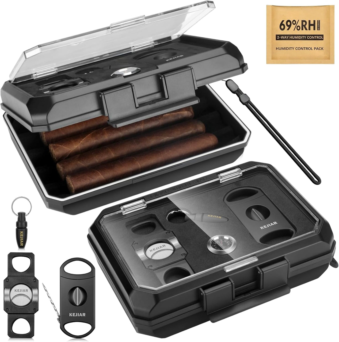 Fully Loaded Travel Cigar Humidor Case Portable Cigar Box with 3 in 1 Cigar Cutter V Cut, 2 in 1 Cigar Cutter Straight Cut, Cigar Punch, Two-Way Humidity Control Pack, Acrylic Top Cigar Case for 5 Cigars