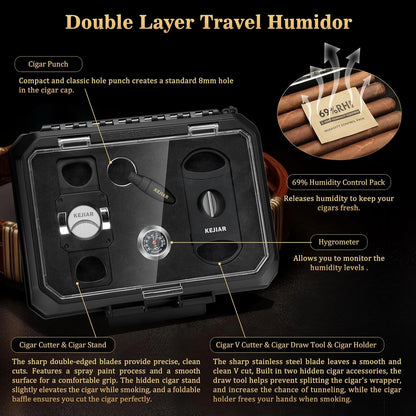 Fully Loaded Travel Cigar Humidor Case Portable Cigar Box with 3 in 1 Cigar Cutter V Cut, 2 in 1 Cigar Cutter Straight Cut, Cigar Punch, Two-Way Humidity Control Pack, Acrylic Top Cigar Case for 5 Cigars