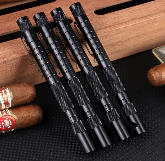 6-in-1 Cigar Punch Pen Shaped Tool Set Multitool with Cigar Punch(7mm), Cigar Draw Enhancer Cutter, Twin Nubber, Whistle and Clip (Black)